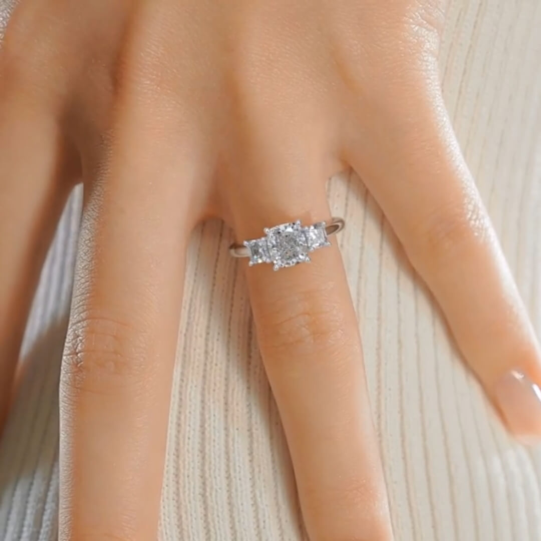 Gauzy Lunara Moissanite 2.0ct Cushion Cut 925 Sterling Silver Three Stone Engagement Ring
