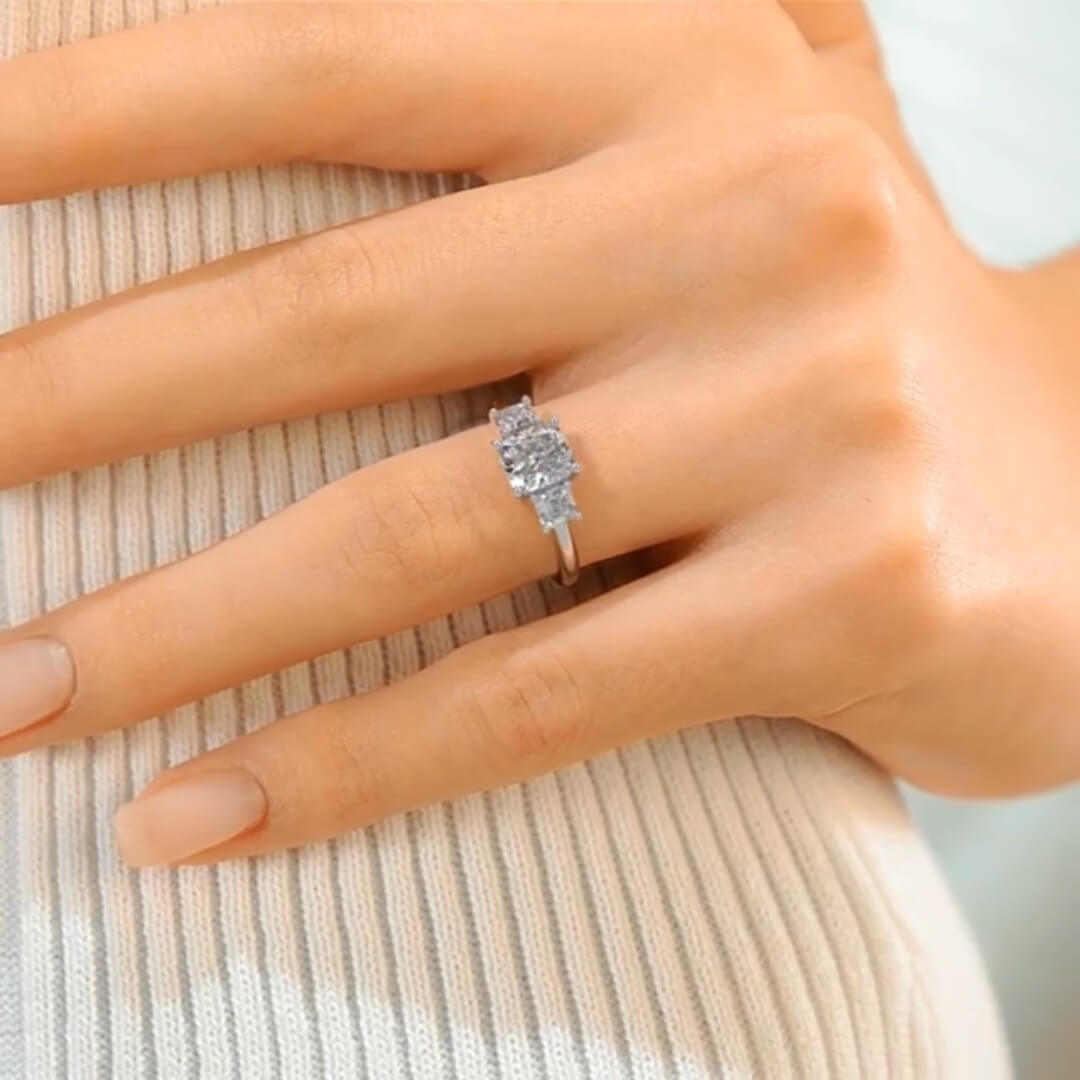 Gauzy Lunara Moissanite 2.0ct Cushion Cut 925 Sterling Silver Three Stone Engagement Ring