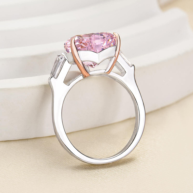 Elegant Three Stone 5.0ct Pink Stone Heart Cut Engagement Ring
