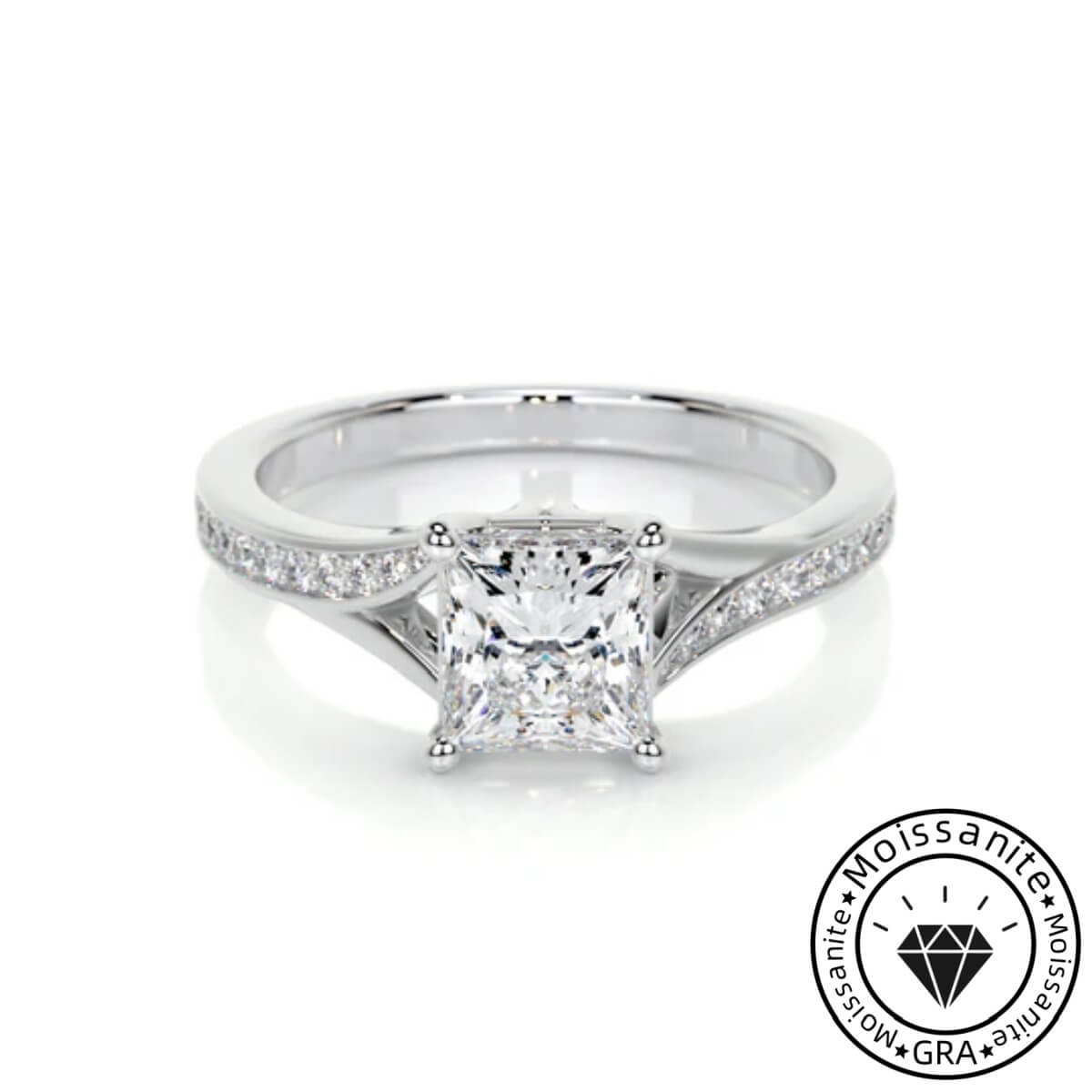 Alluring Lunara Moissanite 2.0ct Princess Cut 925 Sterling Silver Split Shank Engagement Ring