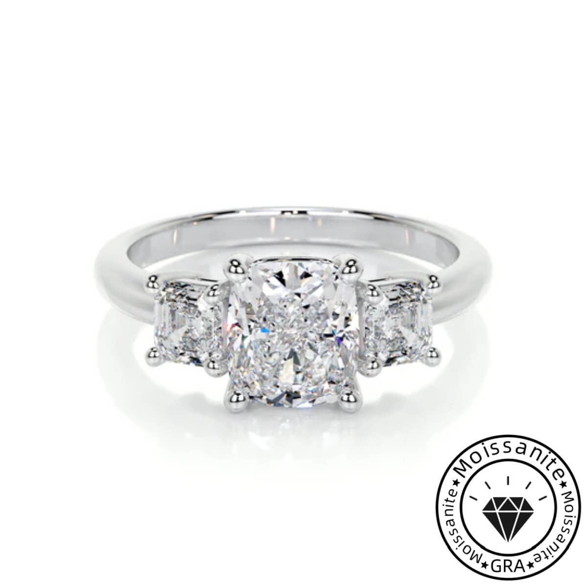 Gauzy Lunara Moissanite 2.0ct Cushion Cut 925 Sterling Silver Three Stone Engagement Ring