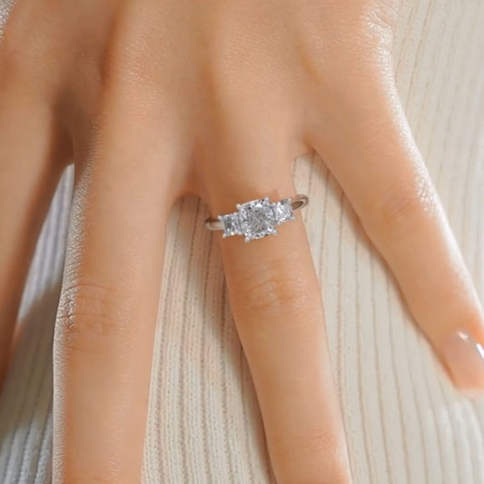 Gauzy Lunara Moissanite 2.0ct Cushion Cut 925 Sterling Silver Three Stone Engagement Ring