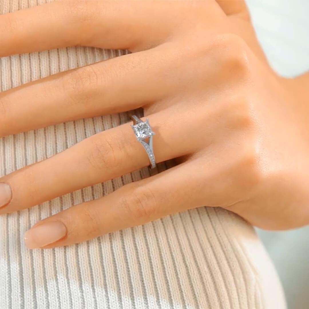 Alluring Lunara Moissanite 2.0ct Princess Cut 925 Sterling Silver Split Shank Engagement Ring