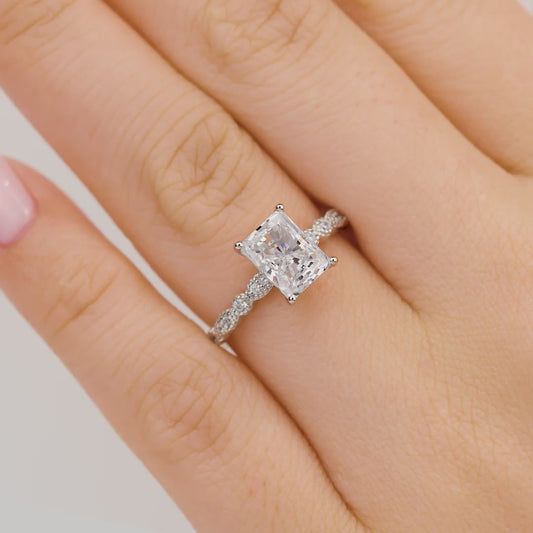 Regal Radiant cut 4.0ct Hidden Halo Engagement Ring In Sterling Silver