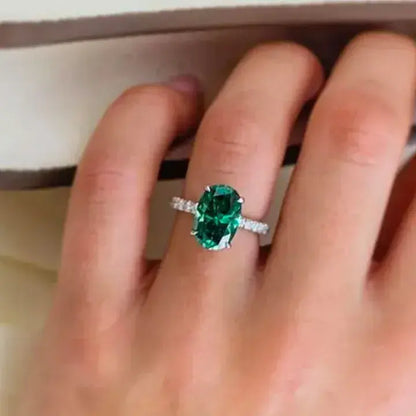 Classic Oval Cut 3.5ct Emerald Green Hidden Halo Engagement Ring In Sterling Silver