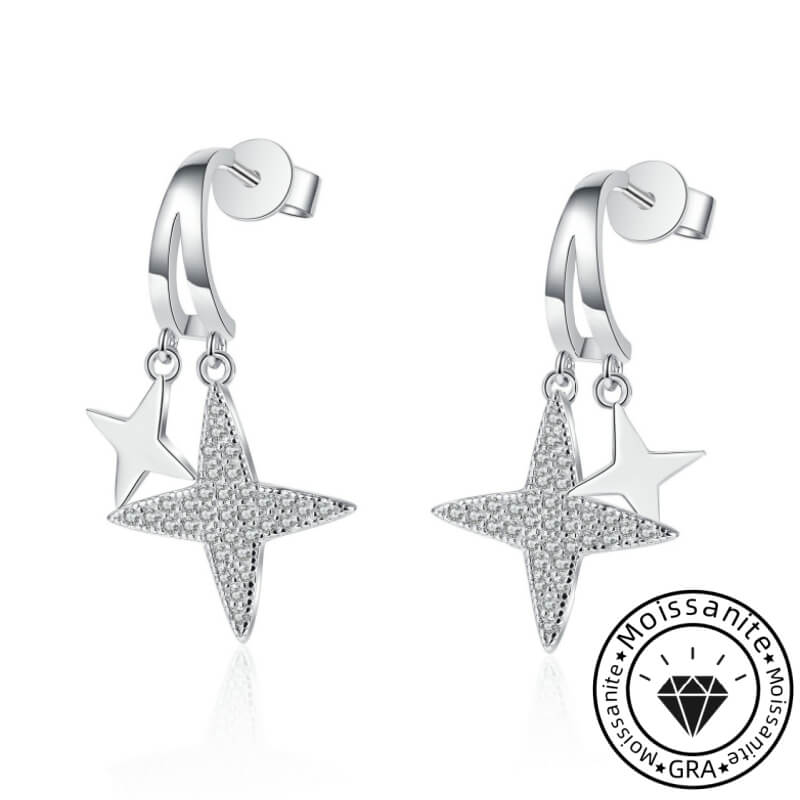Star Shape Drop Earrings with White Gold Plating and Moissanite, 925 Sterling Silver