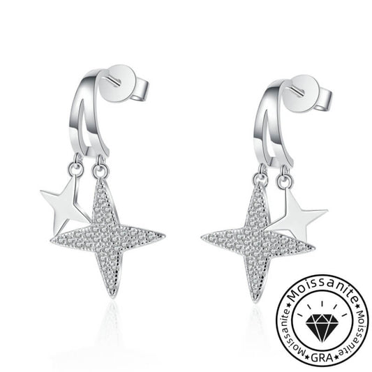 Star Shape Drop Earrings with White Gold Plating and Moissanite, 925 Sterling Silver