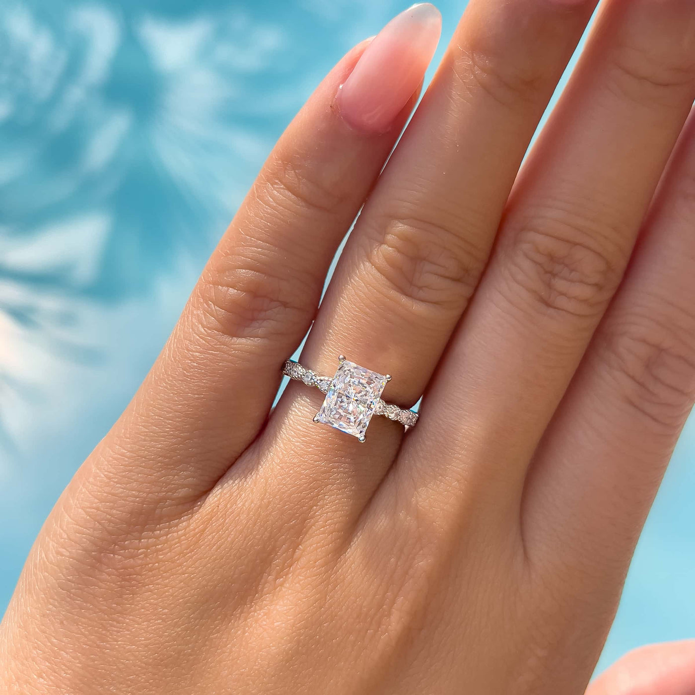 Regal Radiant cut 4.0ct Hidden Halo Engagement Ring In Sterling Silver