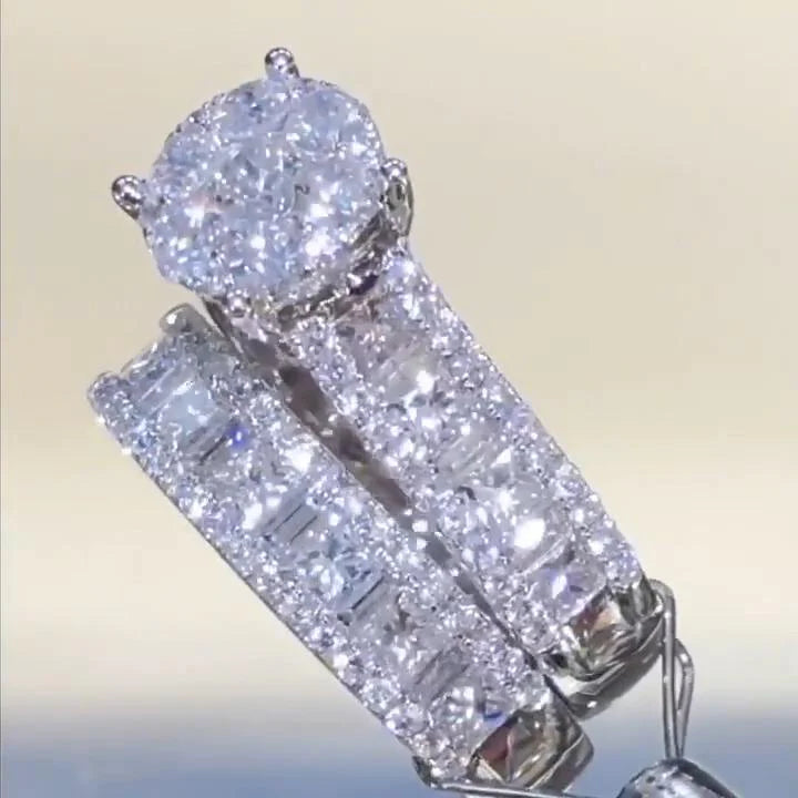 Sculpted Round Cut 2.0ct Pave Ring Sets In Sterling Silver