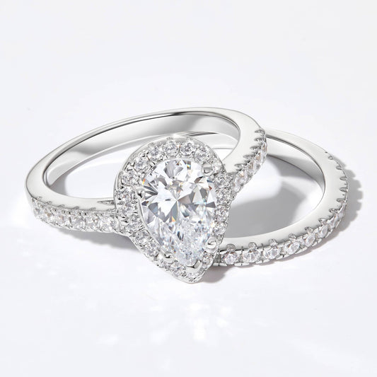 Timeless Pear Cut 1.5ct Pave 925 Sterling Silver Wedding Ring Set