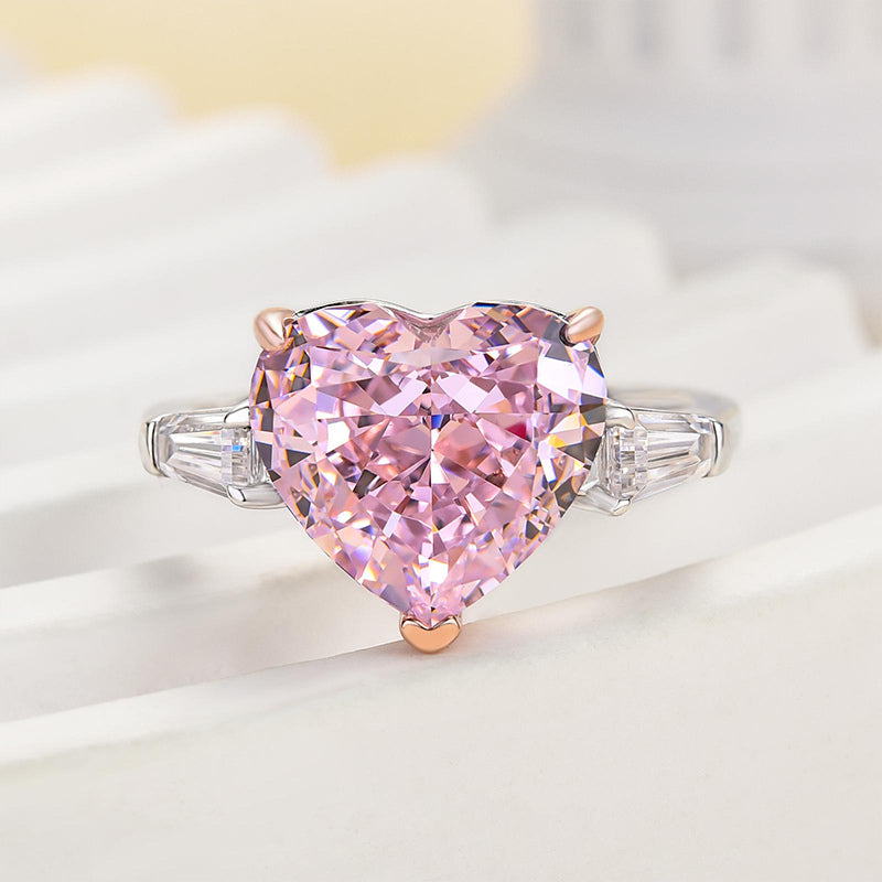 Elegant Three Stone 5.0ct Pink Stone Heart Cut Engagement Ring