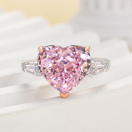 Elegant Three Stone 5.0ct Pink Stone Heart Cut Engagement Ring
