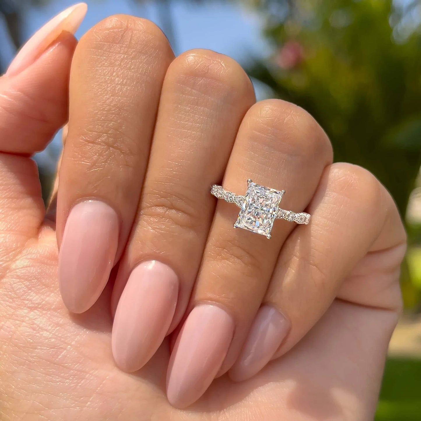 Regal Radiant cut 4.0ct Hidden Halo Engagement Ring In Sterling Silver
