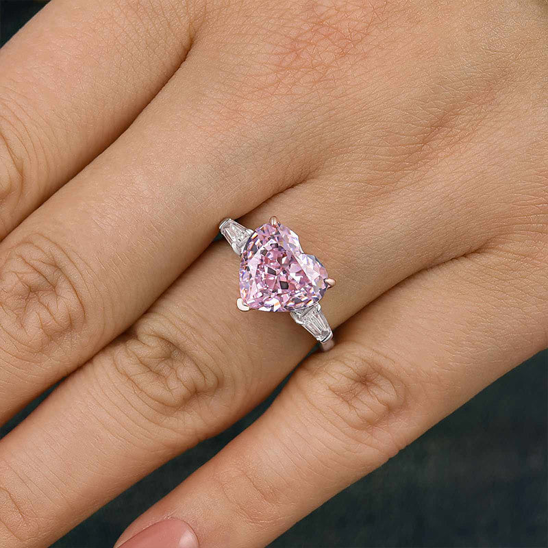 Elegant Three Stone 5.0ct Pink Stone Heart Cut Engagement Ring
