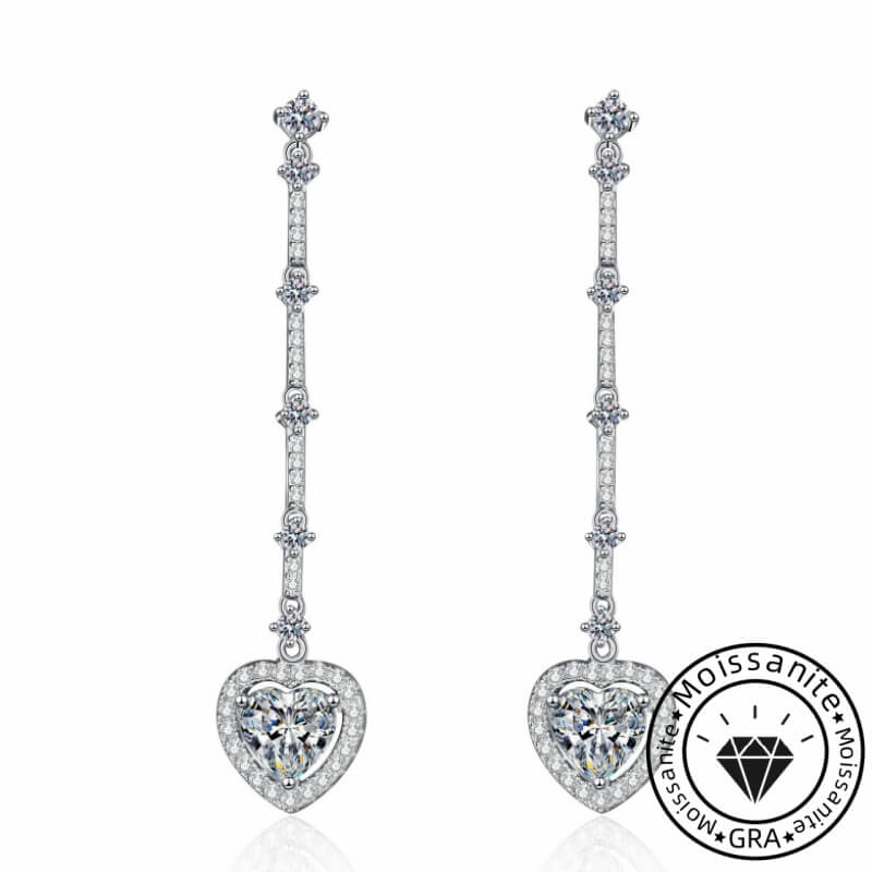 Heart Cut Moissanite Drop Earrings in White Gold Plating, 925 Sterling Silver