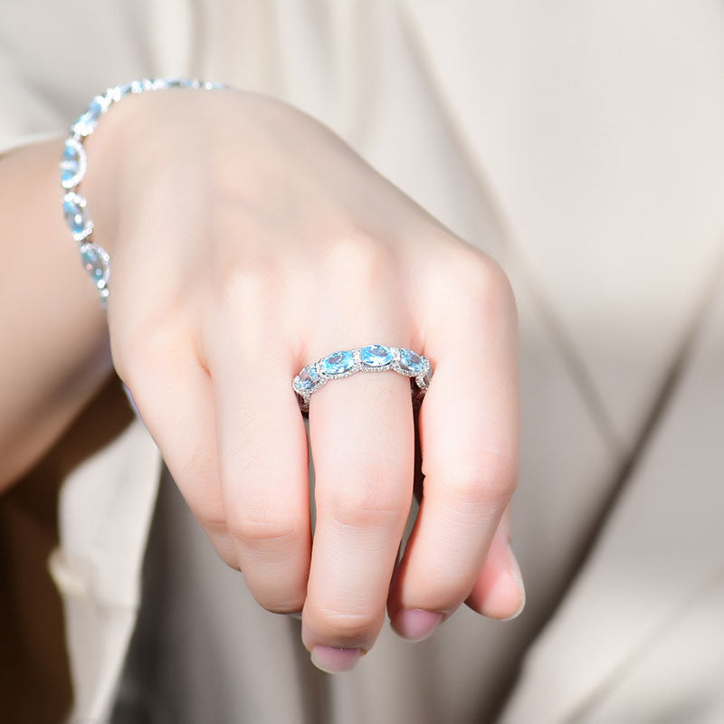 Lunara X Lustrous Oval Cut Aquamarine Blue Wedding Ring In 925 Sterling Silver