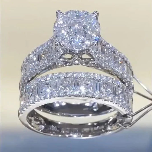 Sculpted Round Cut 2.0ct Pave Ring Sets In Sterling Silver