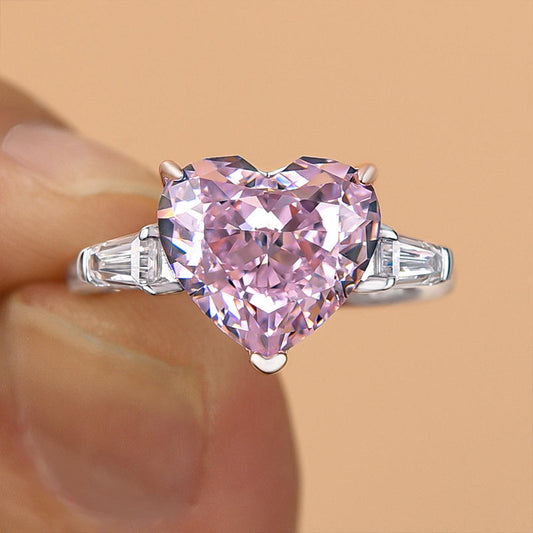 Elegant Three Stone 5.0ct Pink Stone Heart Cut Engagement Ring