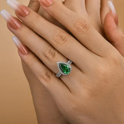 Classic 2.2ct Emerald Green Halo Pear Cut Wedding Set In Sterling Silver