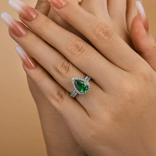 Classic 2.2ct Emerald Green Halo Pear Cut Wedding Set In Sterling Silver