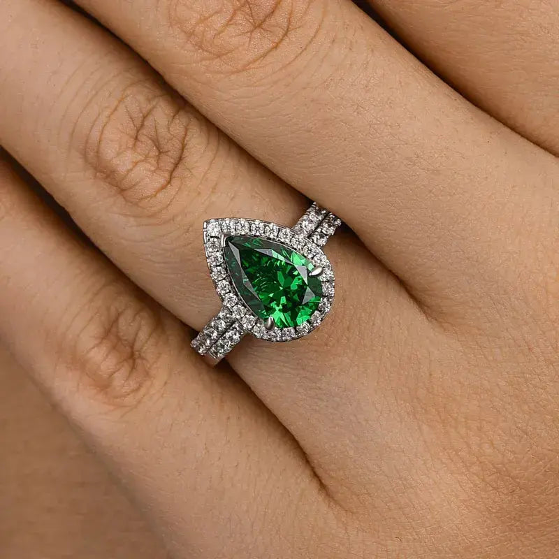 Classic 2.2ct Emerald Green Halo Pear Cut Wedding Set In Sterling Silver