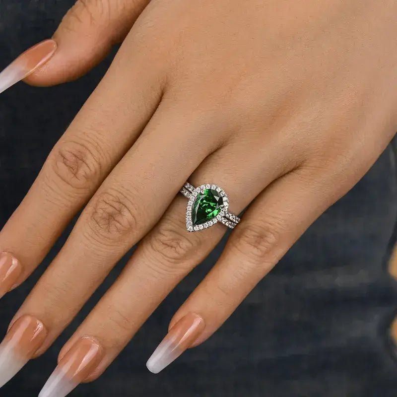 Classic 2.2ct Emerald Green Halo Pear Cut Wedding Set In Sterling Silver