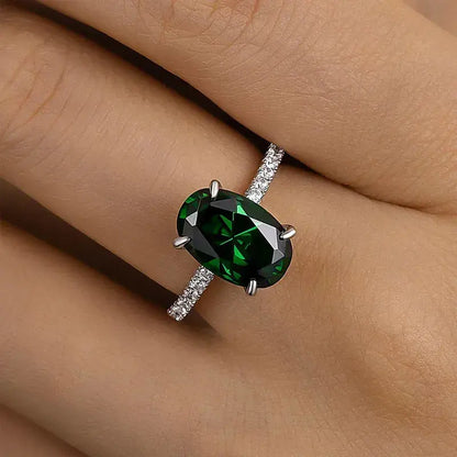Classic Oval Cut 3.5ct Emerald Green Hidden Halo Engagement Ring In Sterling Silver