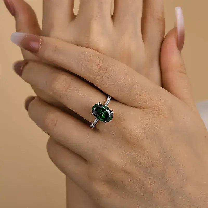 Classic Oval Cut 3.5ct Emerald Green Hidden Halo Engagement Ring In Sterling Silver