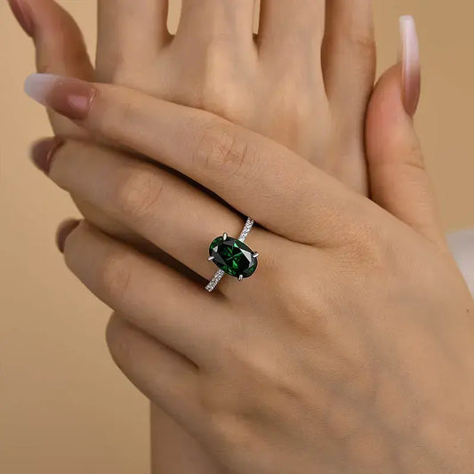 Classic Oval Cut 3.5ct Emerald Green Hidden Halo Engagement Ring In Sterling Silver
