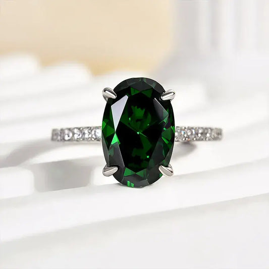 Classic Oval Cut 3.5ct Emerald Green Hidden Halo Engagement Ring In Sterling Silver