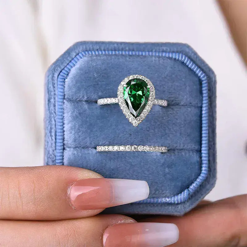 Classic 2.2ct Emerald Green Halo Pear Cut Wedding Set In Sterling Silver
