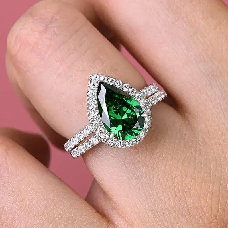 Classic 2.2ct Emerald Green Halo Pear Cut Wedding Set In Sterling Silver