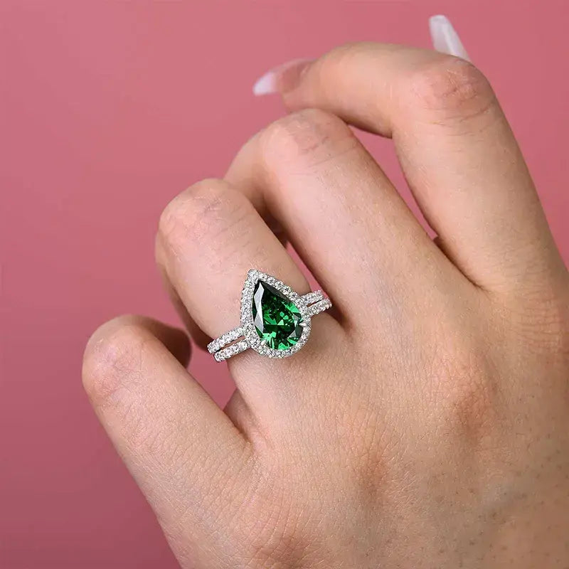 Classic 2.2ct Emerald Green Halo Pear Cut Wedding Set In Sterling Silver