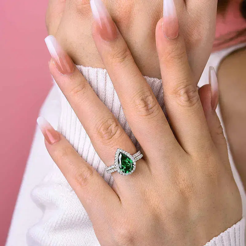 Classic 2.2ct Emerald Green Halo Pear Cut Wedding Set In Sterling Silver