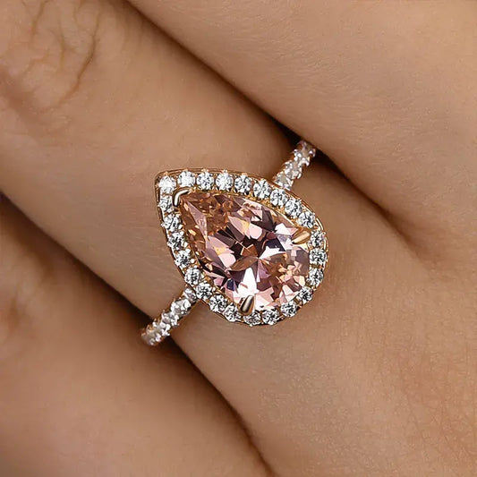 Brillian Halo 3.0ct Pear Cut Synthetic Morganite Engagement Ring