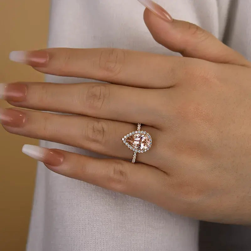 Brillian Halo 3.0ct Pear Cut Synthetic Morganite Engagement Ring