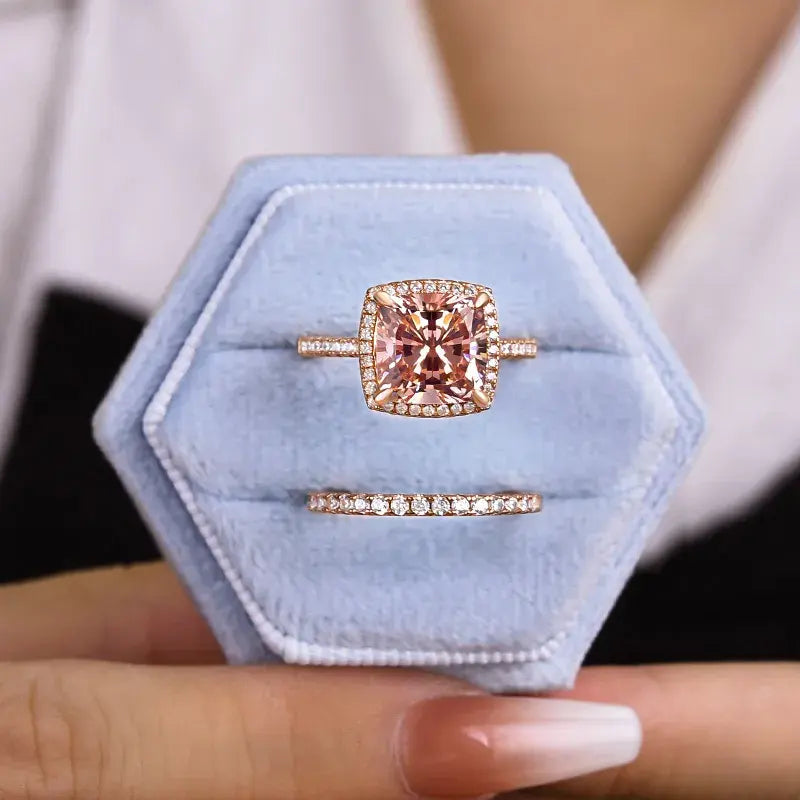 Luxurious Morganite 4.0ct Cushion Cut Wedding Ring Set In Sterling Silver