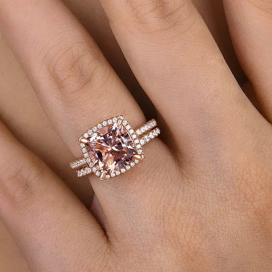 Luxurious Morganite 4.0ct Cushion Cut Wedding Ring Set In Sterling Silver
