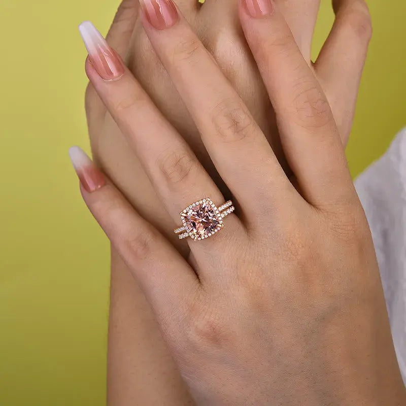 Luxurious Morganite 4.0ct Cushion Cut Wedding Ring Set In Sterling Silver