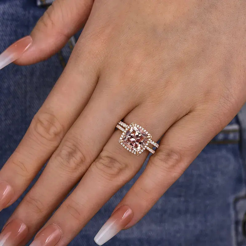 Luxurious Morganite 4.0ct Cushion Cut Wedding Ring Set In Sterling Silver