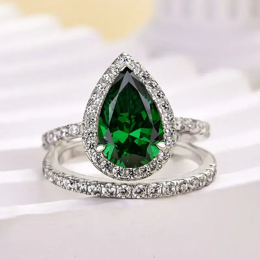 Classic 2.2ct Emerald Green Halo Pear Cut Wedding Set In Sterling Silver
