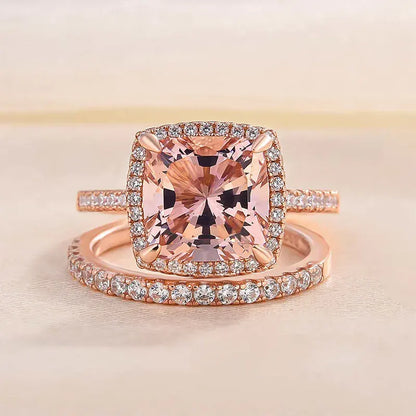 Luxurious Morganite 4.0ct Cushion Cut Wedding Ring Set In Sterling Silver