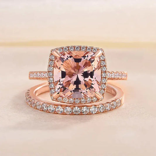 Luxurious Morganite 4.0ct Cushion Cut Wedding Ring Set In Sterling Silver