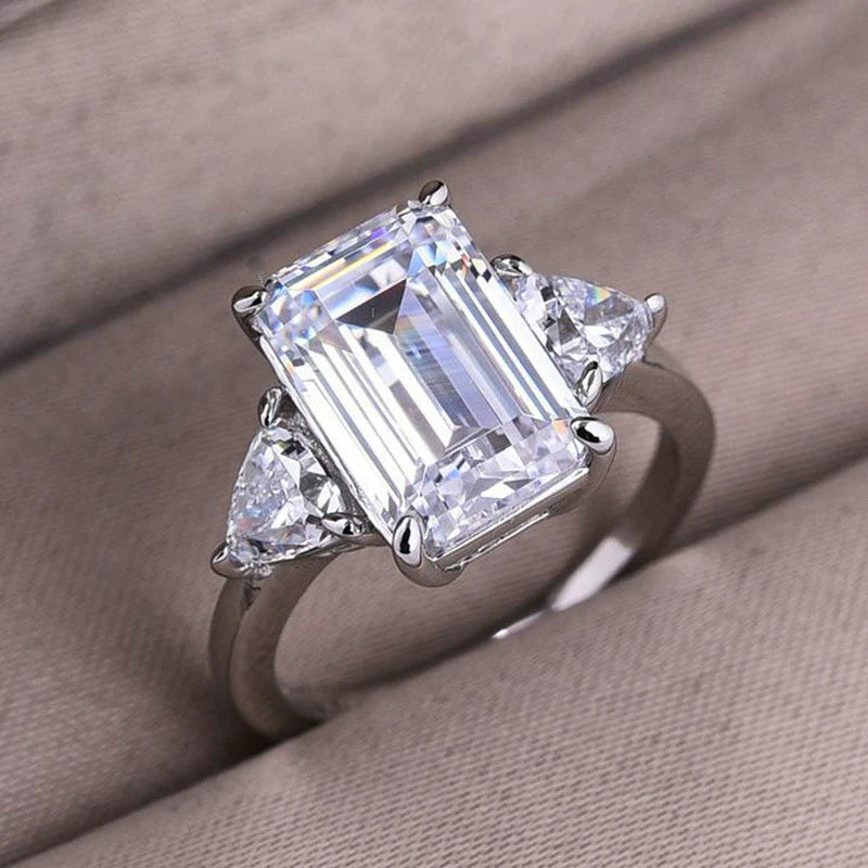 Deluxe Radiant Cut 7.5ct Three Stone Engagement Ring In Sterling Silver