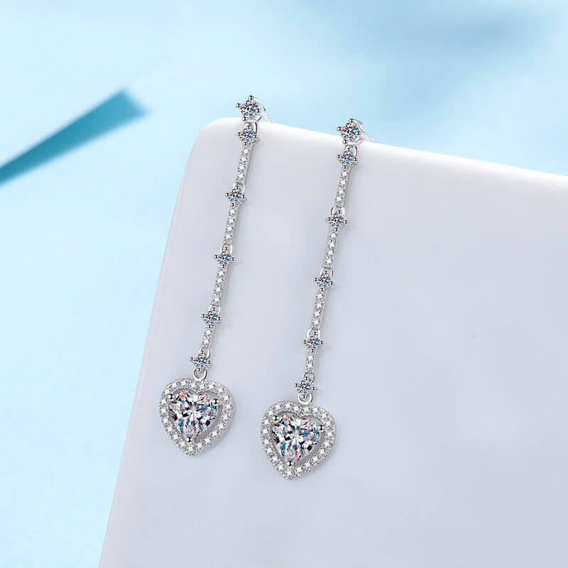 Heart Cut Moissanite Drop Earrings in White Gold Plating, 925 Sterling Silver