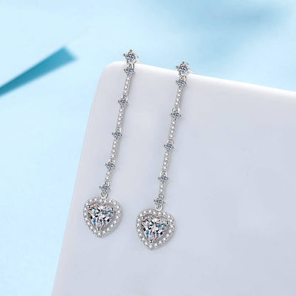 Heart Cut Moissanite Drop Earrings in White Gold Plating, 925 Sterling Silver