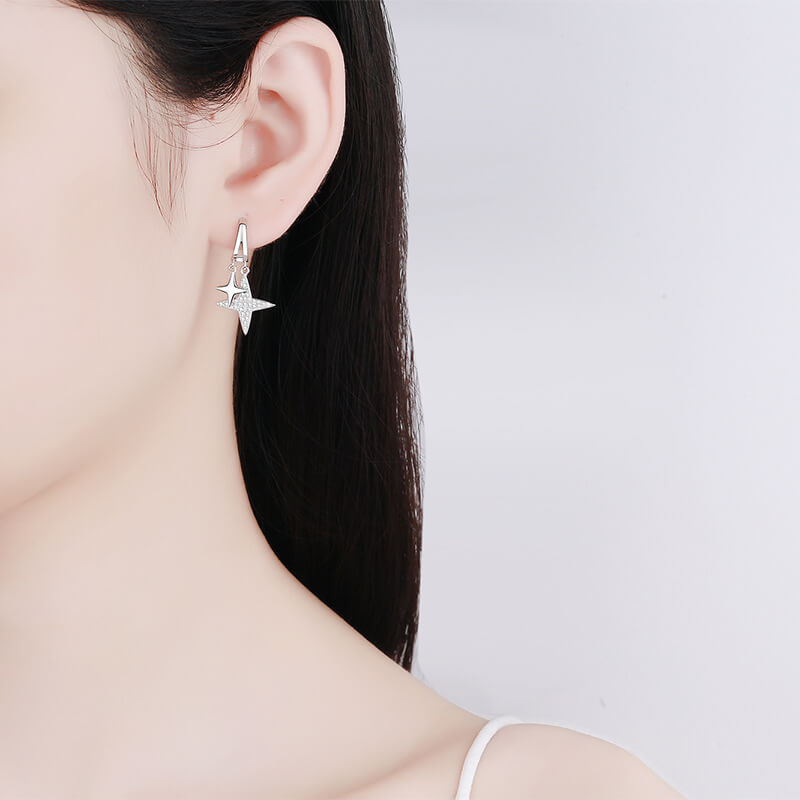 Star Shape Drop Earrings with White Gold Plating and Moissanite, 925 Sterling Silver