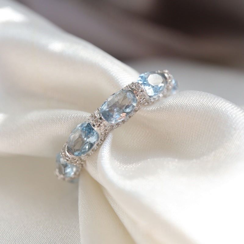 Lunara X Lustrous Oval Cut Aquamarine Blue Wedding Ring In 925 Sterling Silver