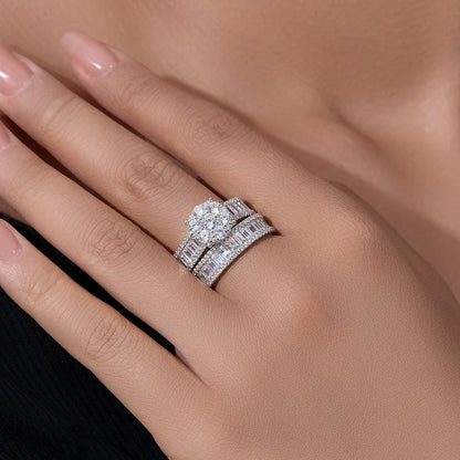 Sculpted Round Cut 2.0ct Pave Ring Sets In Sterling Silver