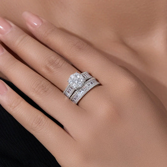Sculpted Round Cut 2.0ct Pave Ring Sets In Sterling Silver